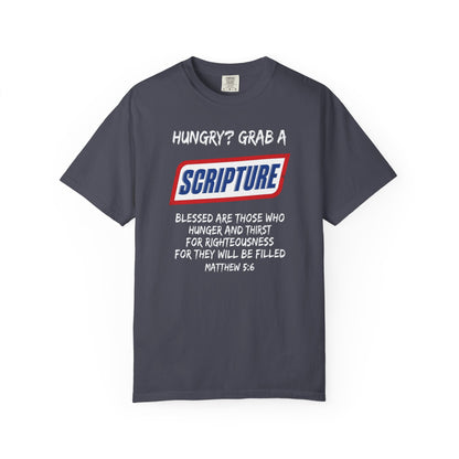 Scripture Snack T-Shirt — "Hungry? Grab a Scripture" Matthew 5:6 Christian Tee