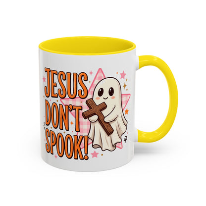 Accent Coffee Mug — "Jesus Don't Spook!" Cute Ghost Christian Coffee Mug (11/15oz)
