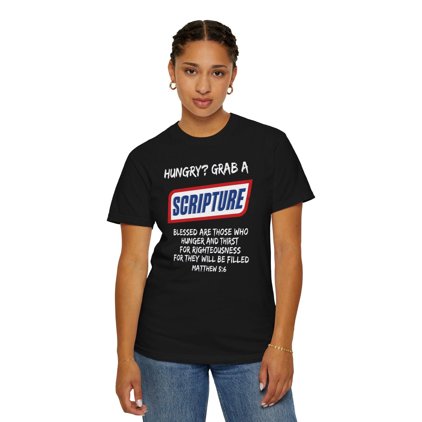 Scripture Snack T-Shirt — "Hungry? Grab a Scripture" Matthew 5:6 Christian Tee