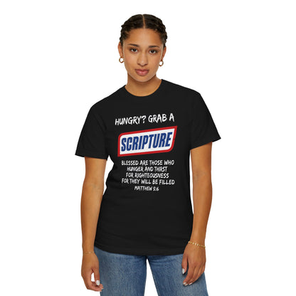 Scripture Snack T-Shirt — "Hungry? Grab a Scripture" Matthew 5:6 Christian Tee