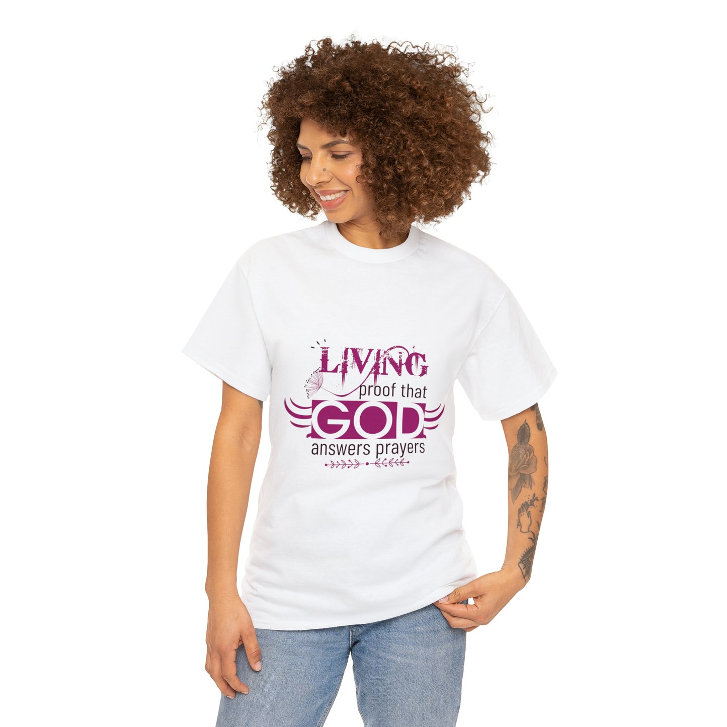 Living Proof That God Answers Prayers Unisex Heavy Cotton Tee