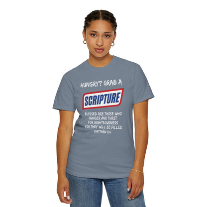 Scripture Snack T-Shirt — "Hungry? Grab a Scripture" Matthew 5:6 Christian Tee