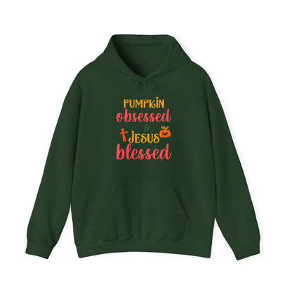 Pumpkin Obsessed And Blessed by Him Halloween Unisex Christian Pullover Hooded Sweatshirt