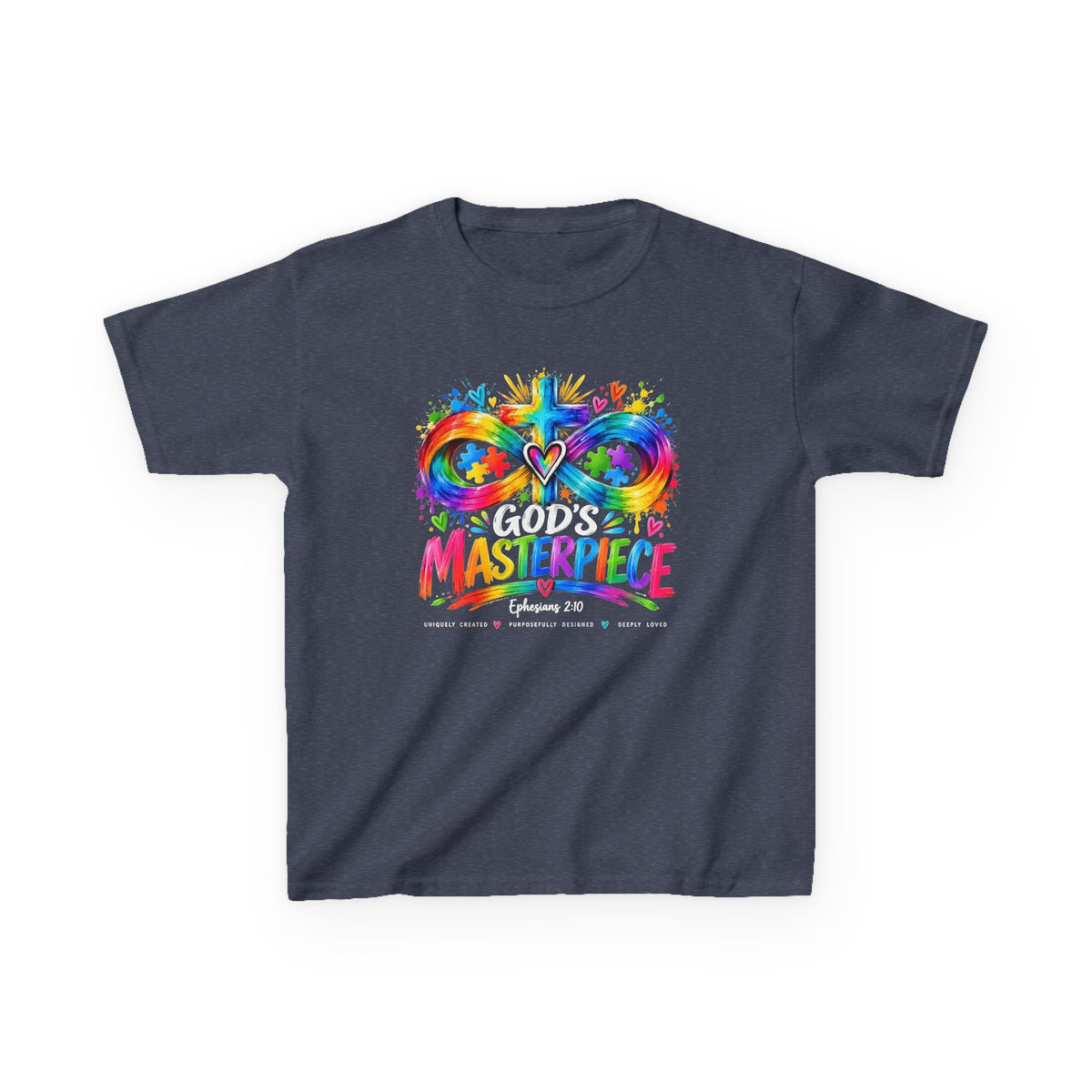Youth Autism Awareness T-Shirt — "God's Masterpiece" Colorful Heart & Infinity Tee