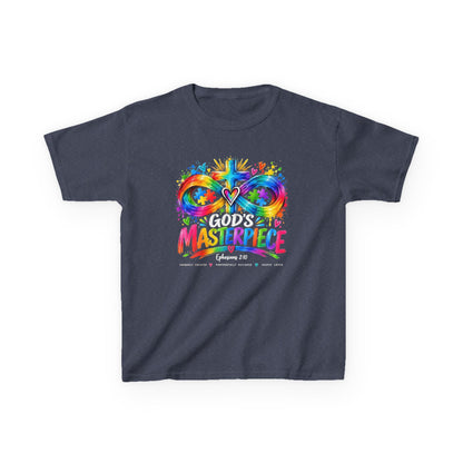 Youth Autism Awareness T-Shirt — "God's Masterpiece" Colorful Heart & Infinity Tee