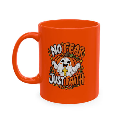 Halloween Ghost Christian Ceramic Mug — "No Fear, Just Faith" Pumpkin Coffee Cup