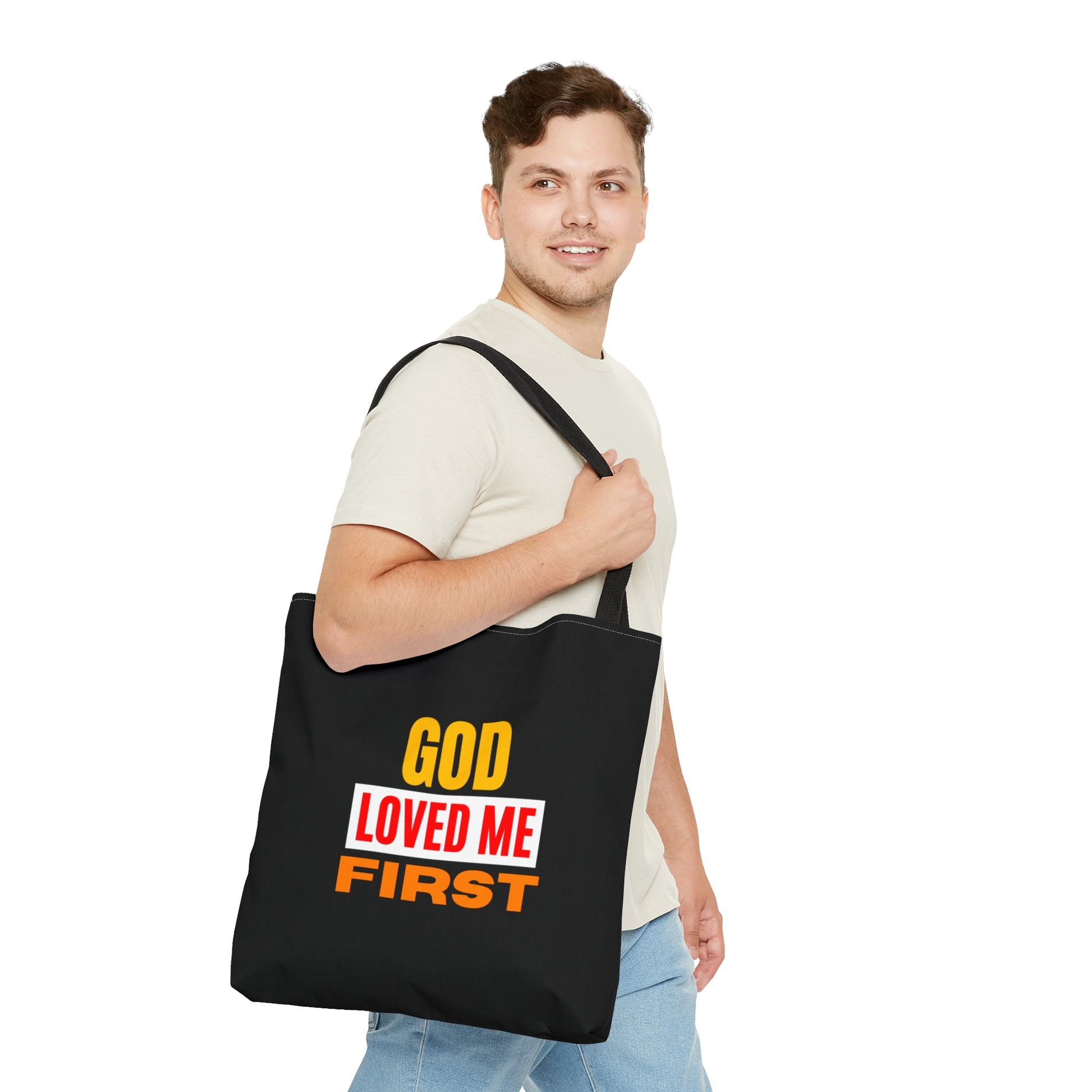 God Loved Me First Christian Tote Bag Printify