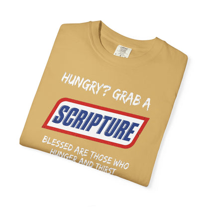 Scripture Snack T-Shirt — "Hungry? Grab a Scripture" Matthew 5:6 Christian Tee