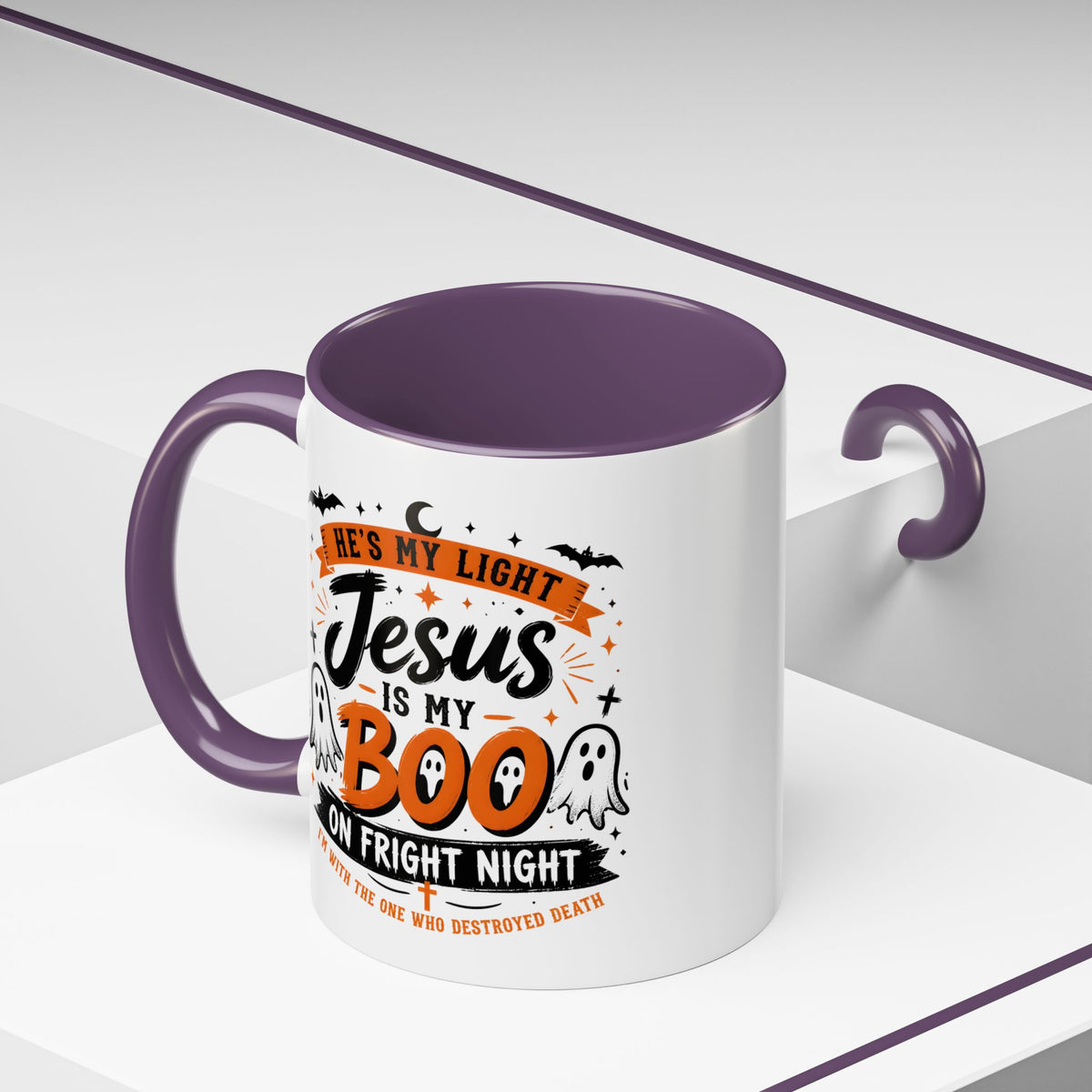 Christian Coffee Mug — "He's My Light, Jesus Is My Boo" Halloween Accent Mug