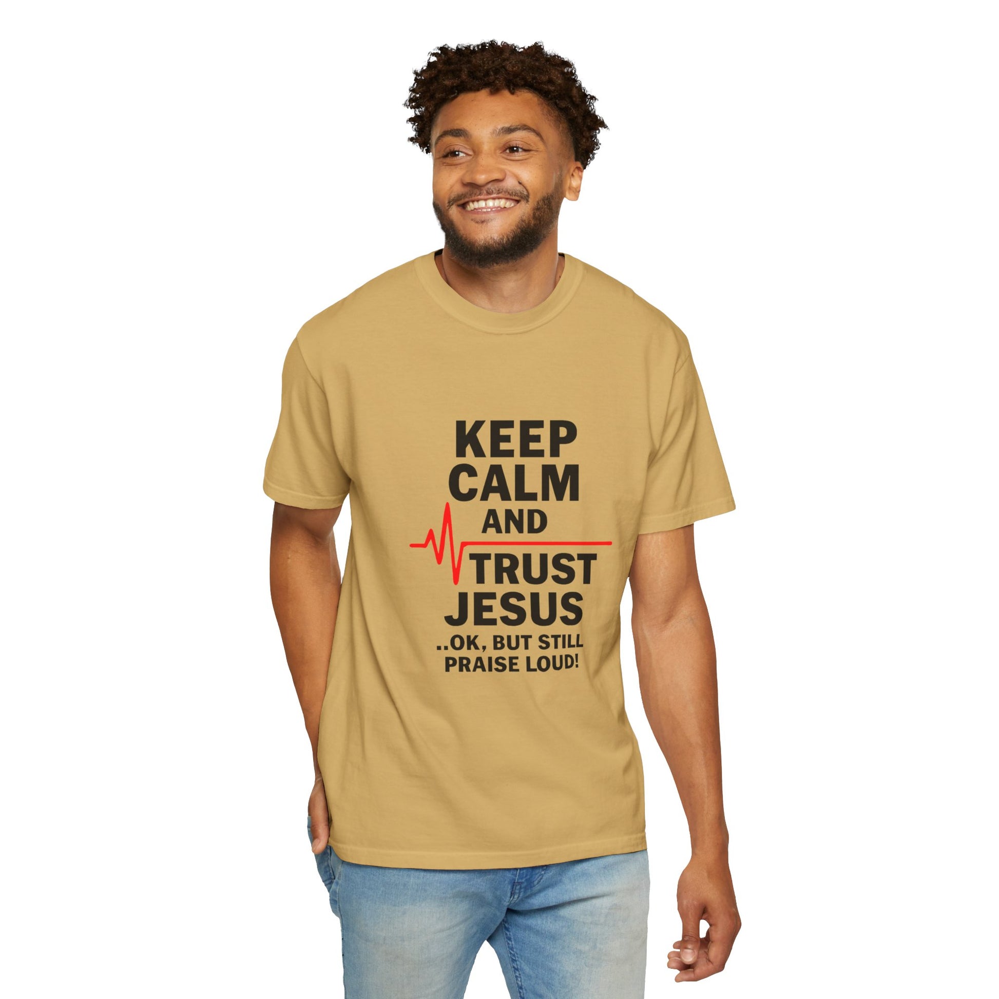 Funny Inspirational Graphic Tee, Keep Calm Trust Jesus T-shirt, Christian Faith Shirt, Casual Everyday Wear, Unique Gift for Believers - ClaimedbyGodDesigns