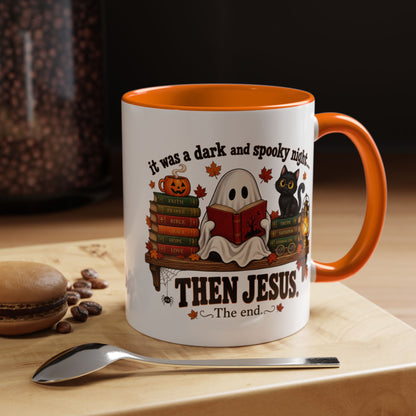 Halloween Christian Coffee Mug — “It Was a Dark and Spooky Night… Then Jesus” Accent Mug