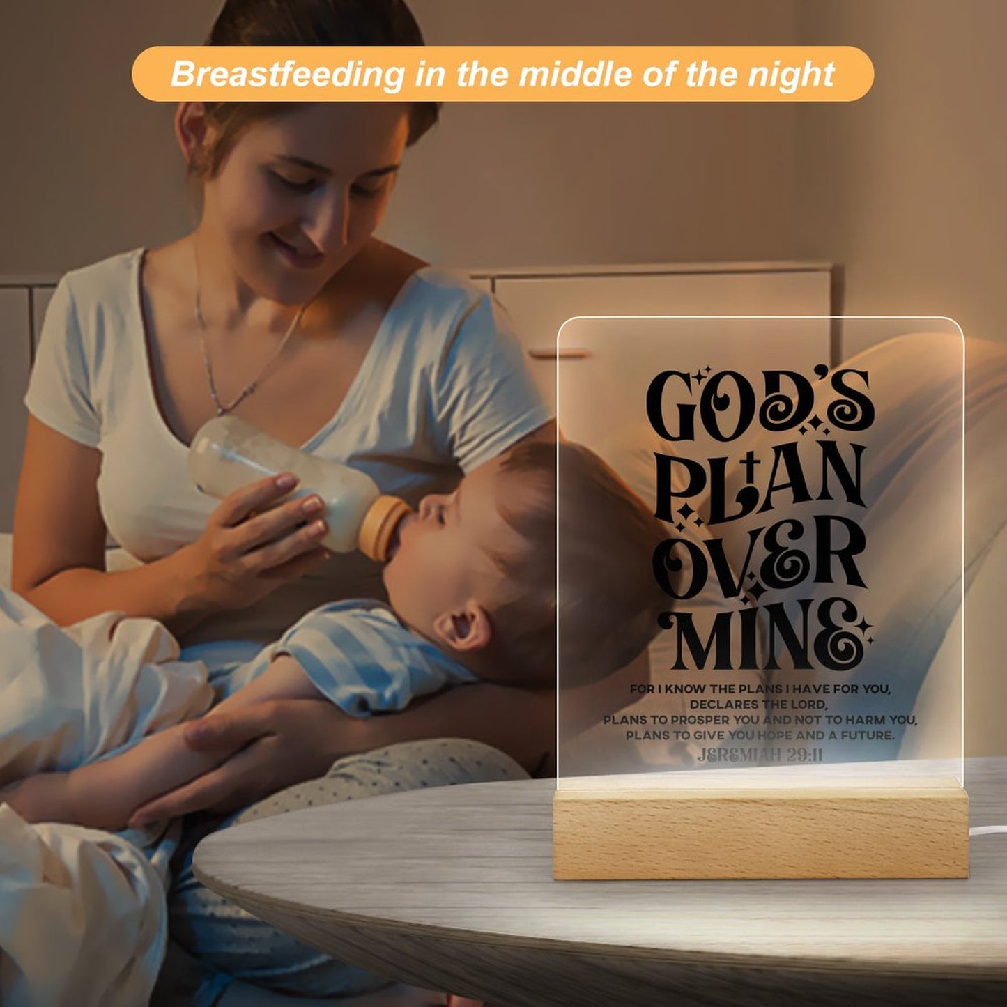 God's Plan Over Mine Christian Acrylic Night Light with Wooden Base Christian Gift Idea