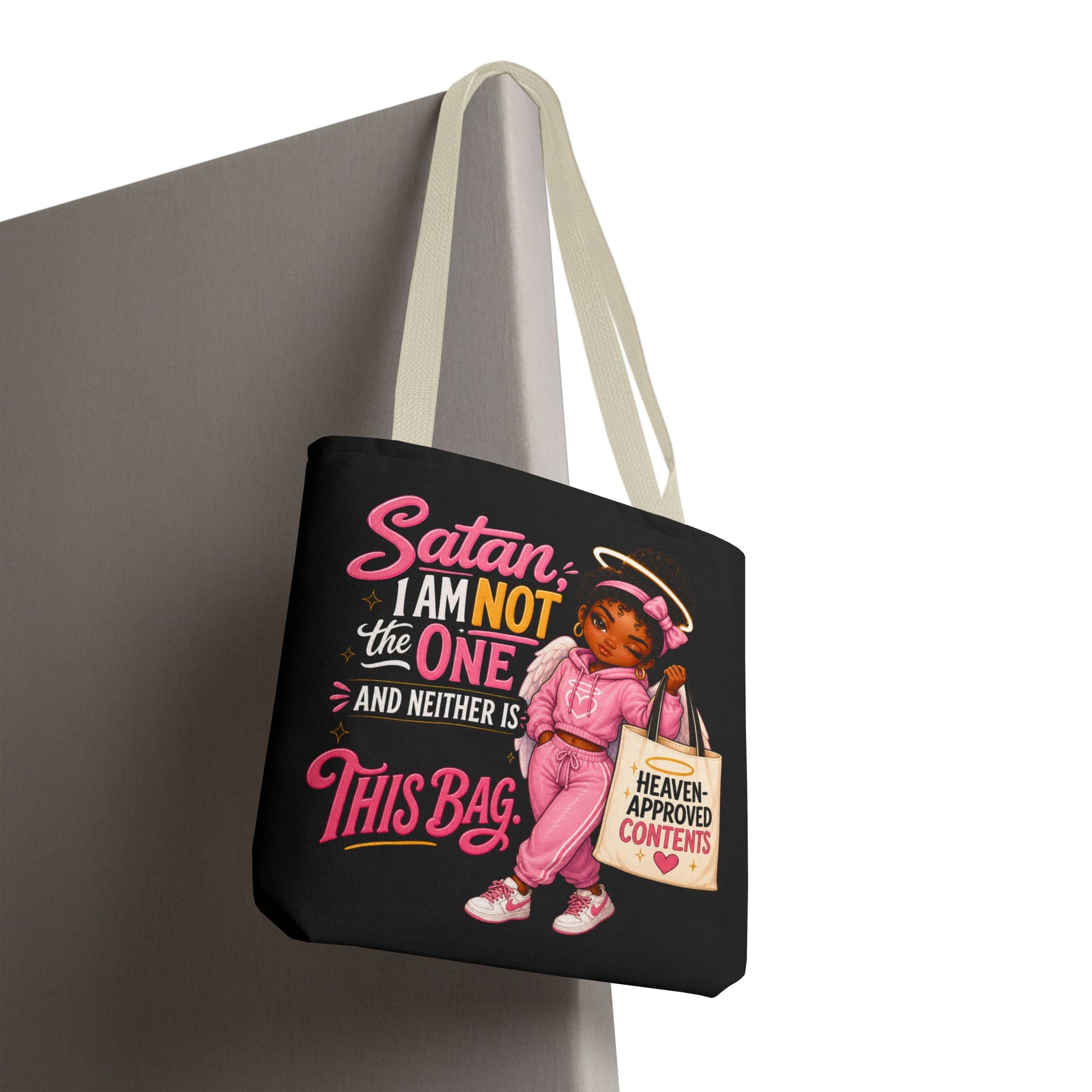 Tote Bag — "Satan I Am Not The One" Retro Angel Girl Tote (Heaven Approved Content) - ClaimedbyGodDesigns