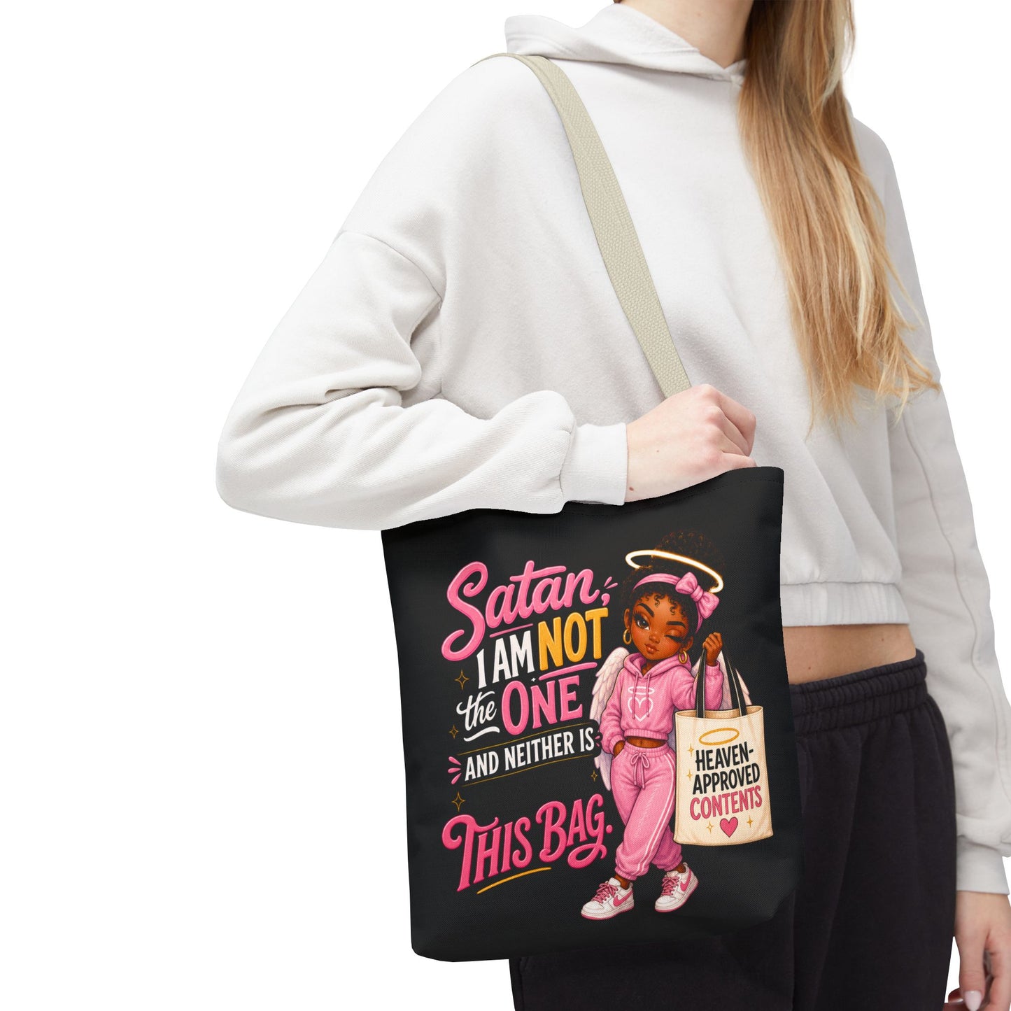Tote Bag — "Satan I Am Not The One" Retro Angel Girl Tote (Heaven Approved Content) - ClaimedbyGodDesigns
