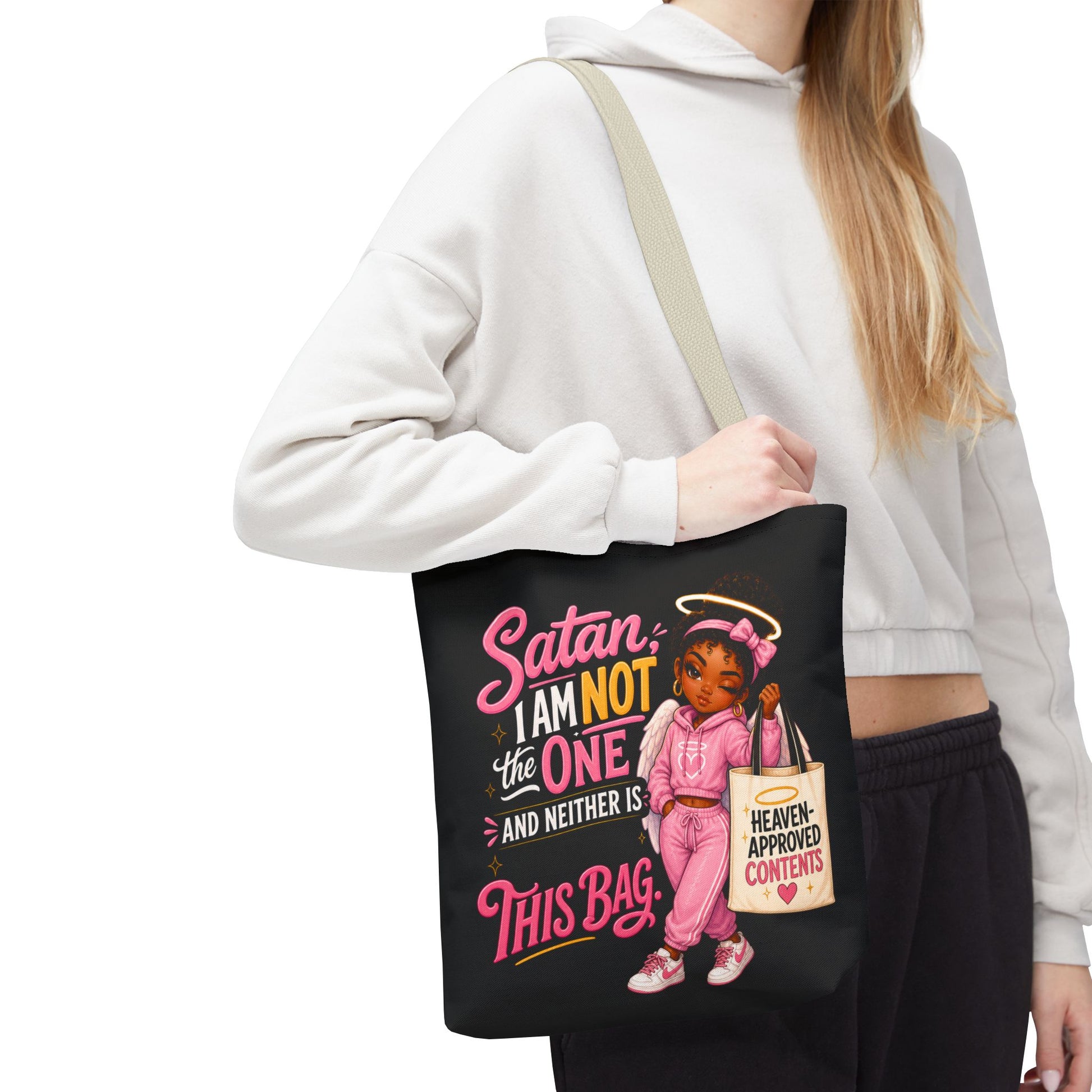 Tote Bag — "Satan I Am Not The One" Retro Angel Girl Tote (Heaven Approved Content) - ClaimedbyGodDesigns