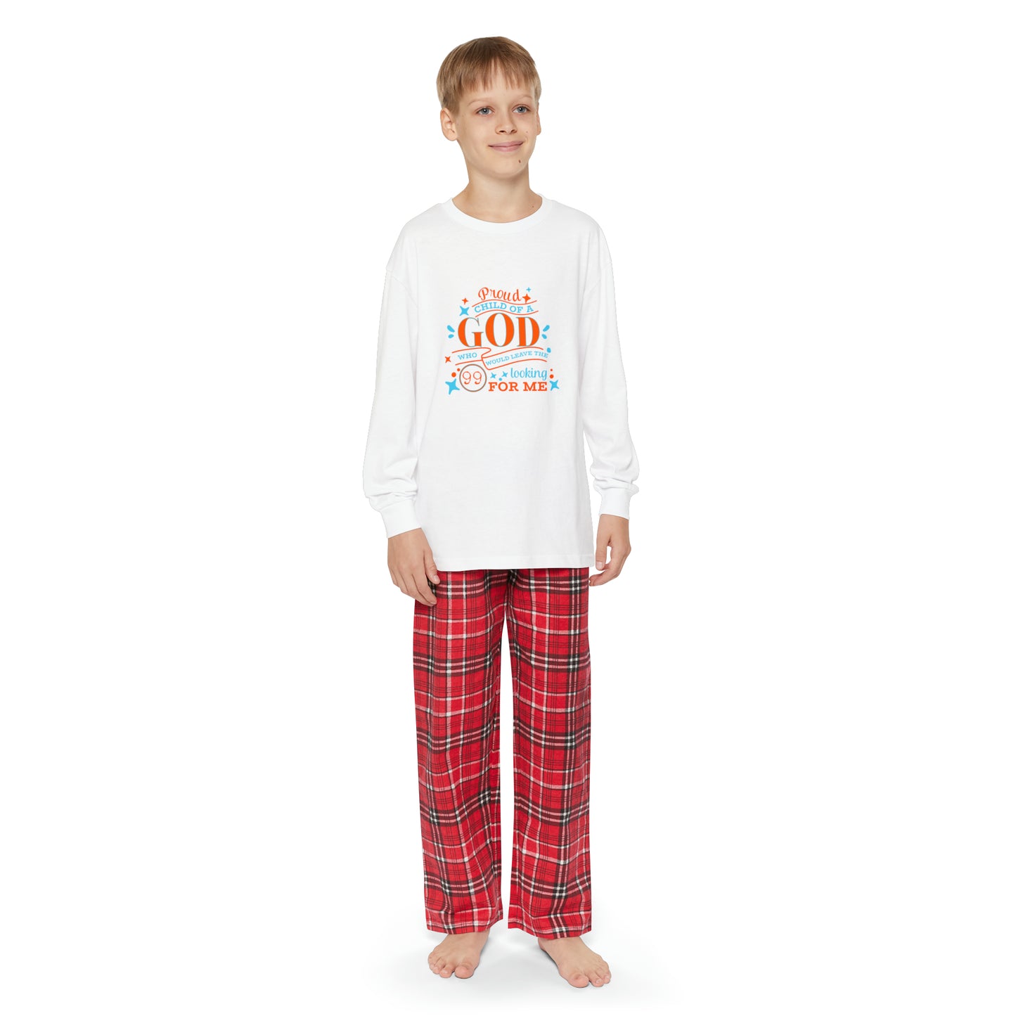 Proud Child Of A God Who Would Leave The 99 Looking For Me Youth Christian Long Sleeve Pajama Set Printify