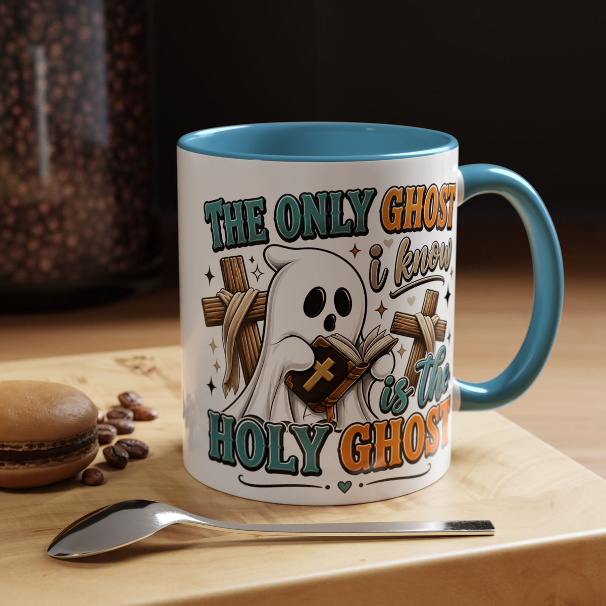 Accent Mug — "The Only Ghost I Know Is the Holy Ghost" Christian Halloween Coffee Cup
