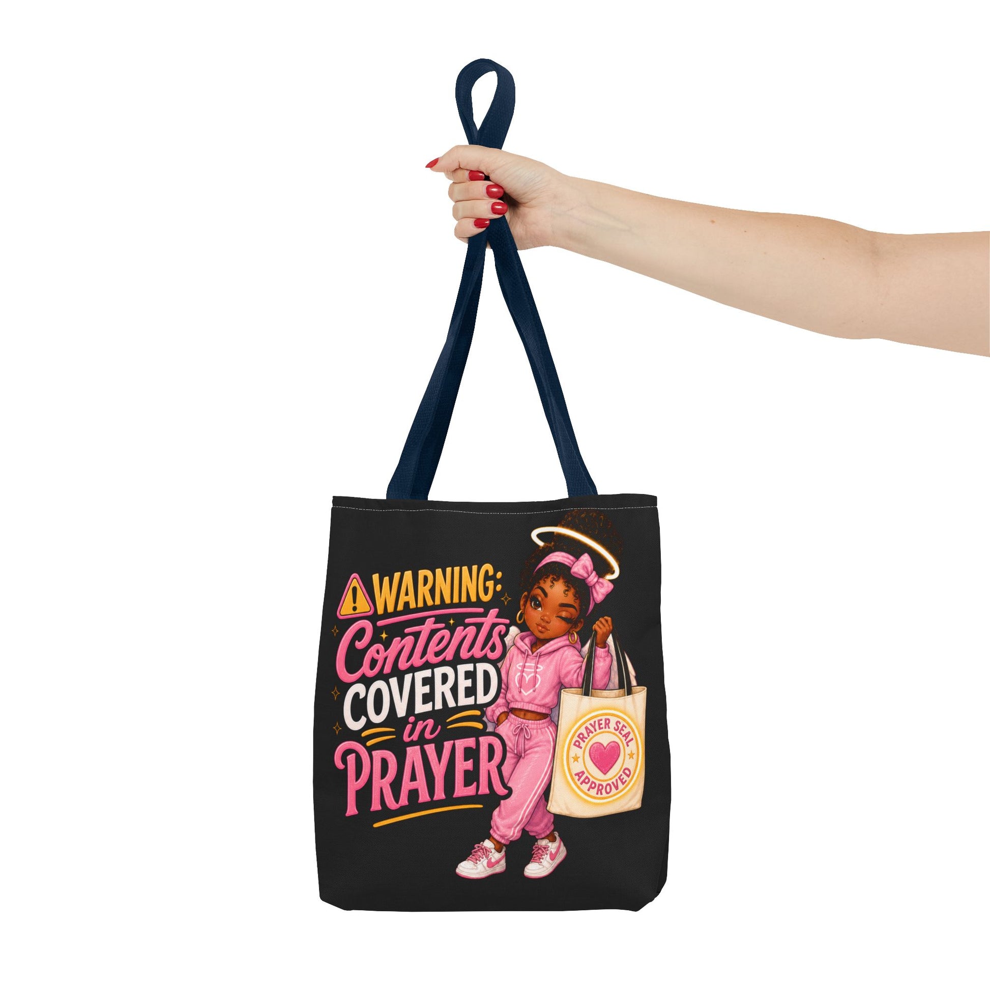 Tote Bag — "Warning: Contents Covered in Prayer" Pink Faith Tote - ClaimedbyGodDesigns