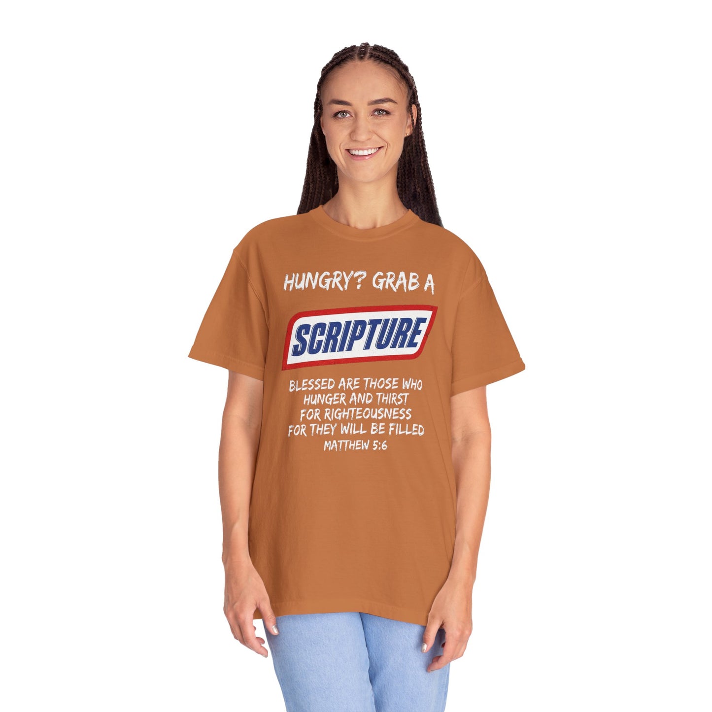 Scripture Snack T-Shirt — "Hungry? Grab a Scripture" Matthew 5:6 Christian Tee