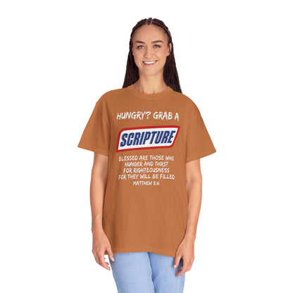 Scripture Snack T-Shirt — "Hungry? Grab a Scripture" Matthew 5:6 Christian Tee