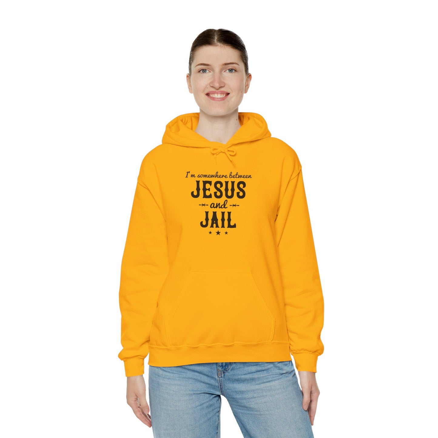 I'm Somewhere Between Jesus And Jail Funny Unisex Christian Hooded Pullover Sweatshirt