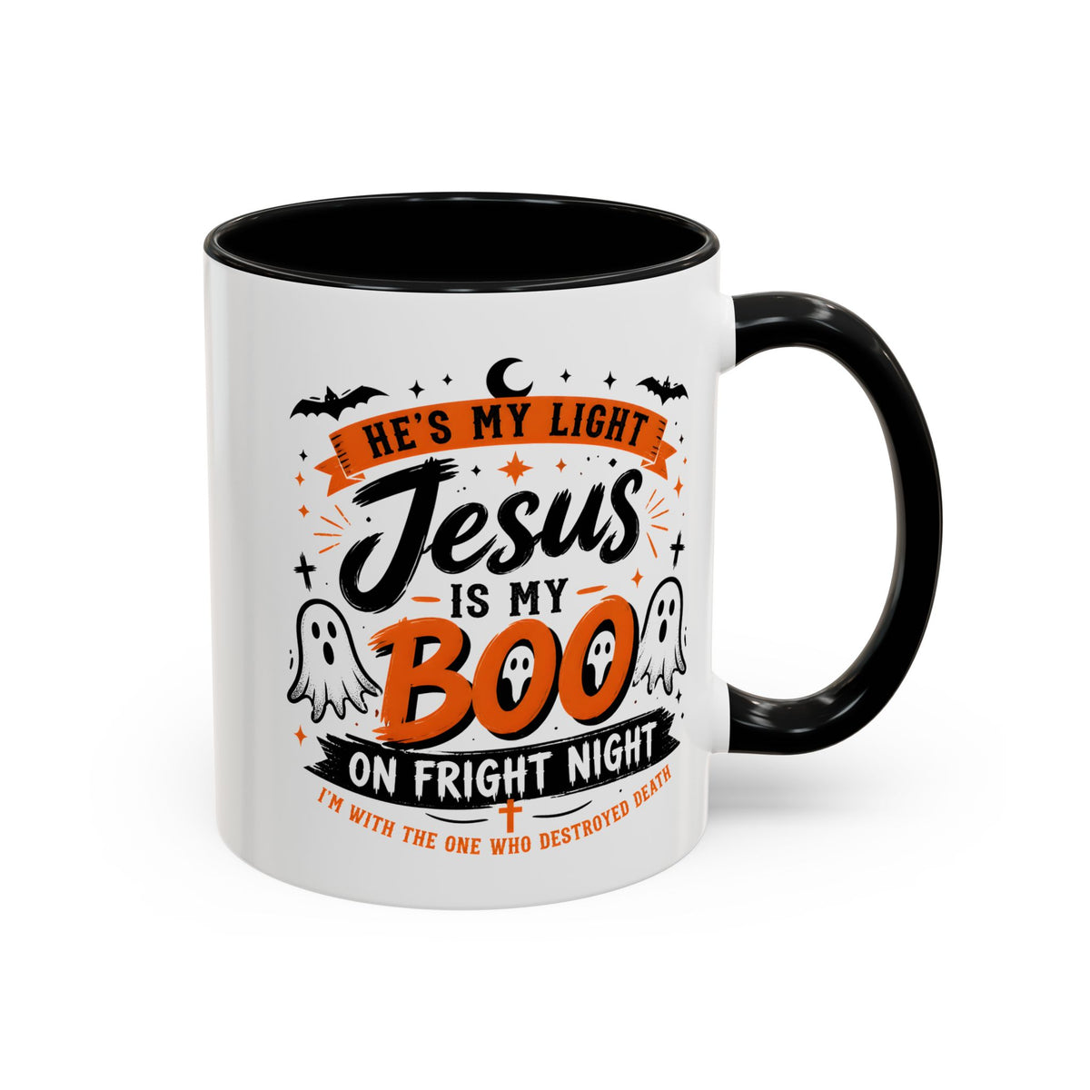 Christian Coffee Mug — "He's My Light, Jesus Is My Boo" Halloween Accent Mug