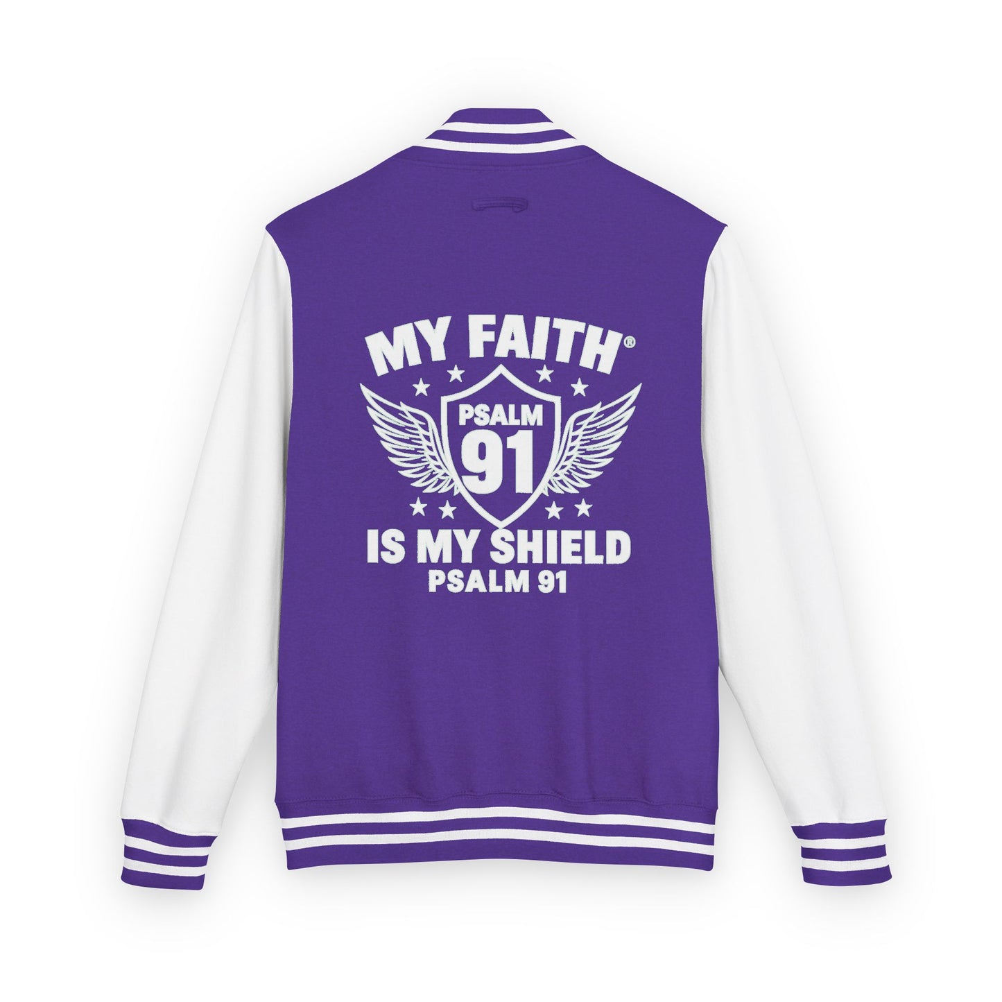 Letterman Jacket — “My Faith Is My Shield” 91 Vintage Varsity Jacket - ClaimedbyGodDesigns