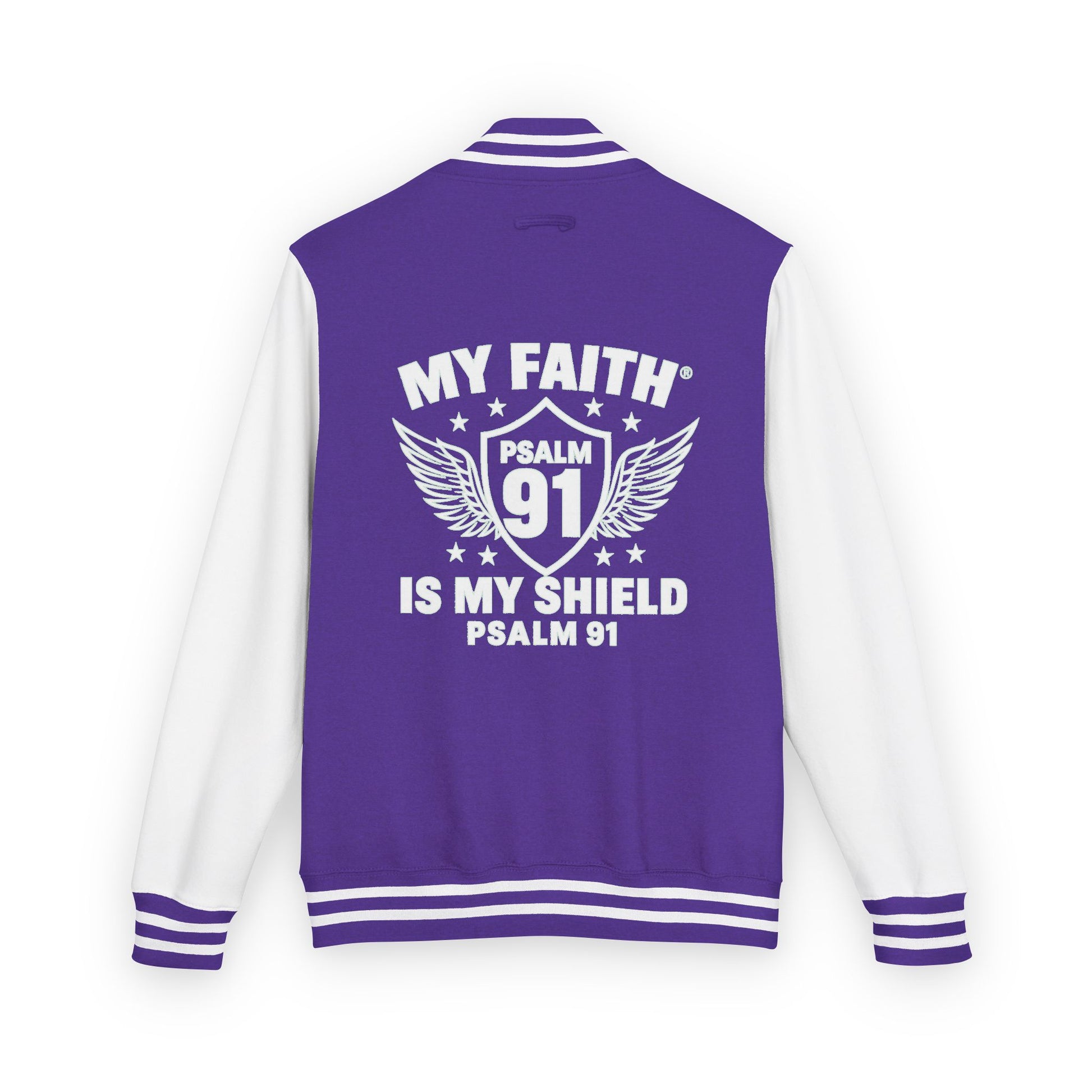 Letterman Jacket — “My Faith Is My Shield” 91 Vintage Varsity Jacket - ClaimedbyGodDesigns