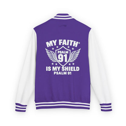 Letterman Jacket — “My Faith Is My Shield” 91 Vintage Varsity Jacket - ClaimedbyGodDesigns