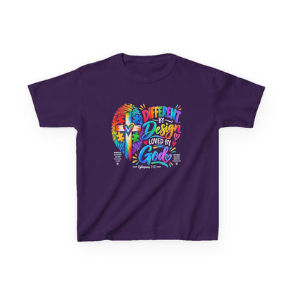 Youth Autism Awareness T-Shirt — "Different by Design, Loved by God" Colorful Cross Tee
