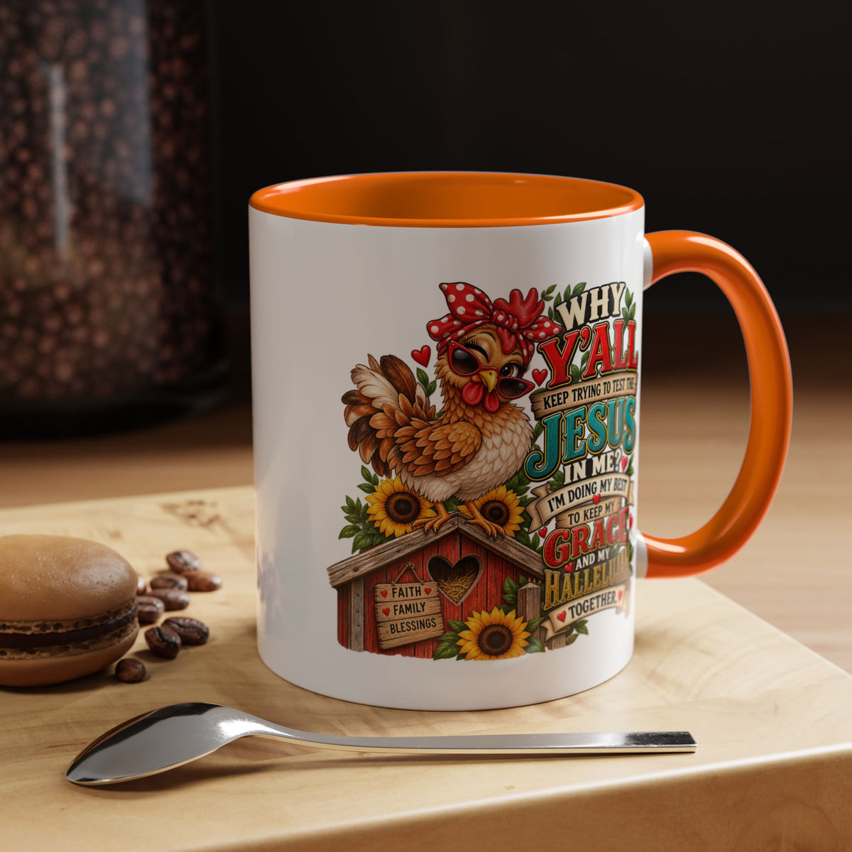 Christian Farmhouse Coffee Mug — "Why Y'all Keep Trying to Put Jesus in Me?" Accent Mug