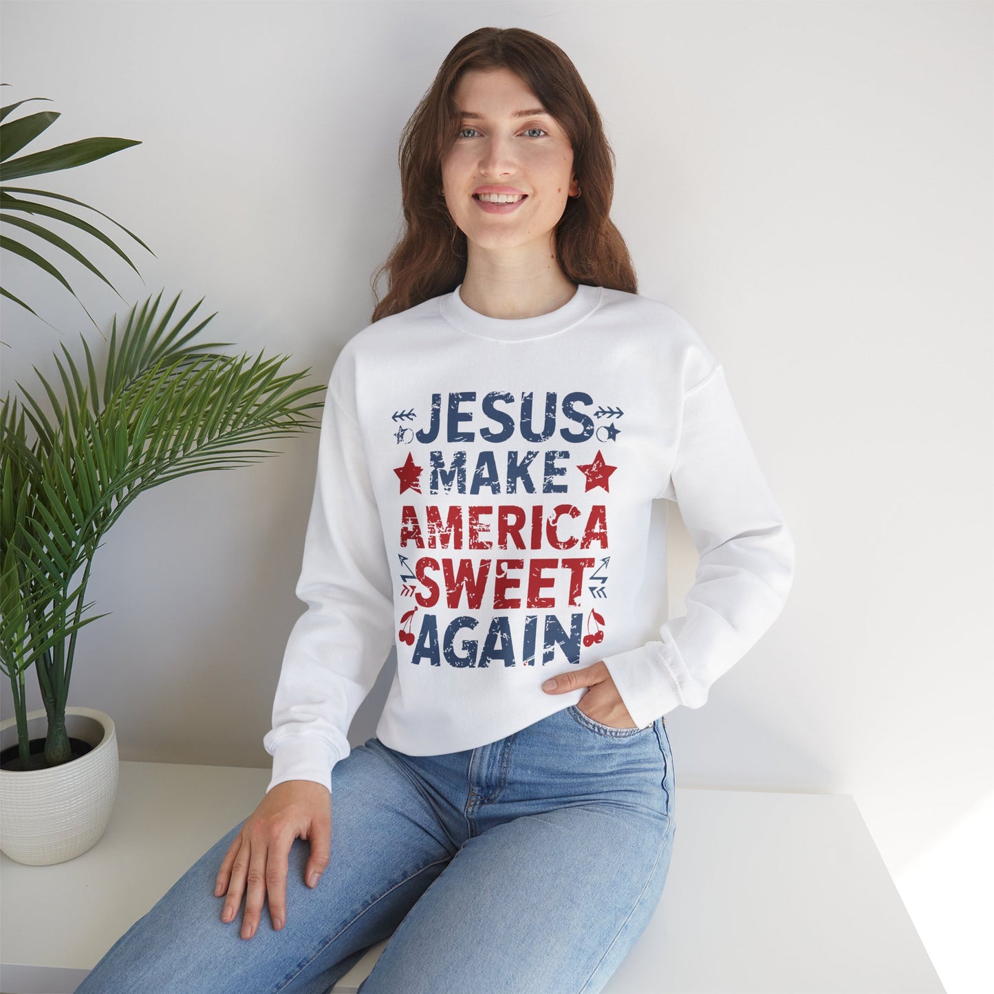 Jesus Make America Sweet Again Patriotic  Unisex Heavy Blend™ Crewneck Christian Sweatshirt