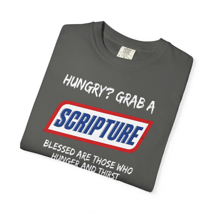 Scripture Snack T-Shirt — "Hungry? Grab a Scripture" Matthew 5:6 Christian Tee