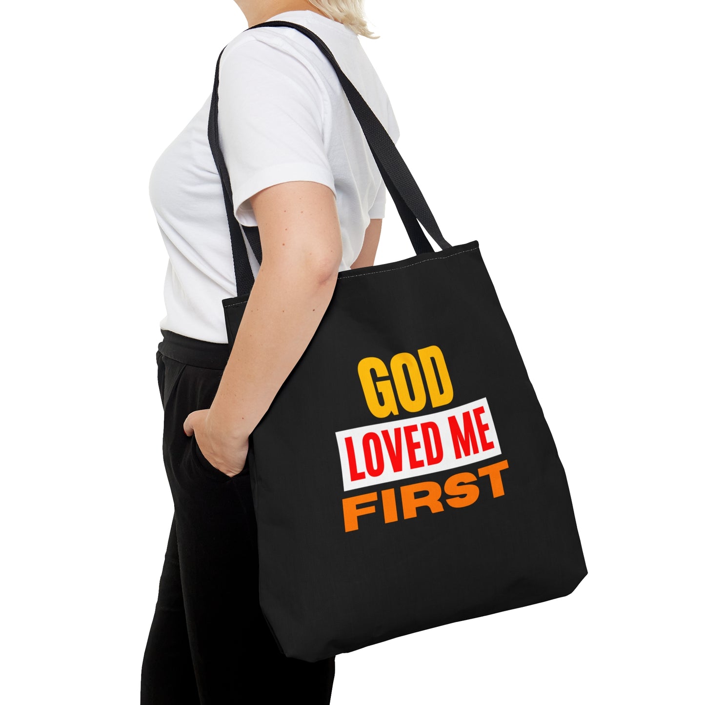 God Loved Me First Christian Tote Bag Printify