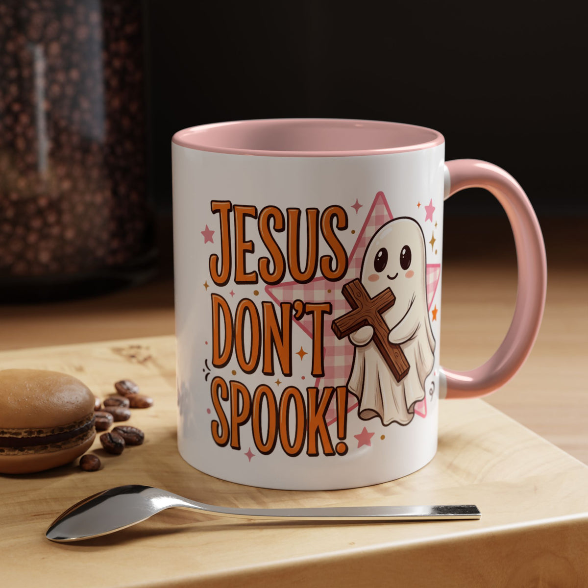 Accent Coffee Mug — "Jesus Don't Spook!" Cute Ghost Christian Coffee Mug (11/15oz)