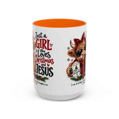 Just a Girl Who Loves Christmas and Jesus Highland Cow Coffee Mug