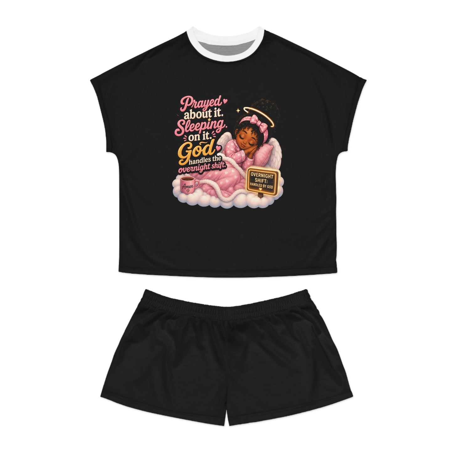 Christian Sleepwear Short Pajama Set — "Prayed About It, Sleeping On It, God Handles Overnight Shifts" - ClaimedbyGodDesigns