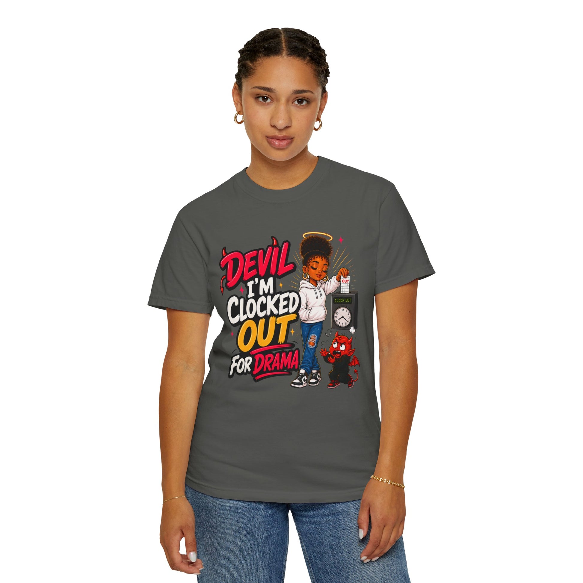 T-Shirt — "Devil I'm Clocked Out for Drama" Graphic Tee - ClaimedbyGodDesigns