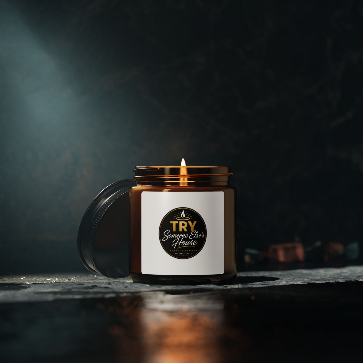 Amber Soy Candle — 'TRY Someone Else's House' Not Today Satan Scented Jar (Multiple Sizes)