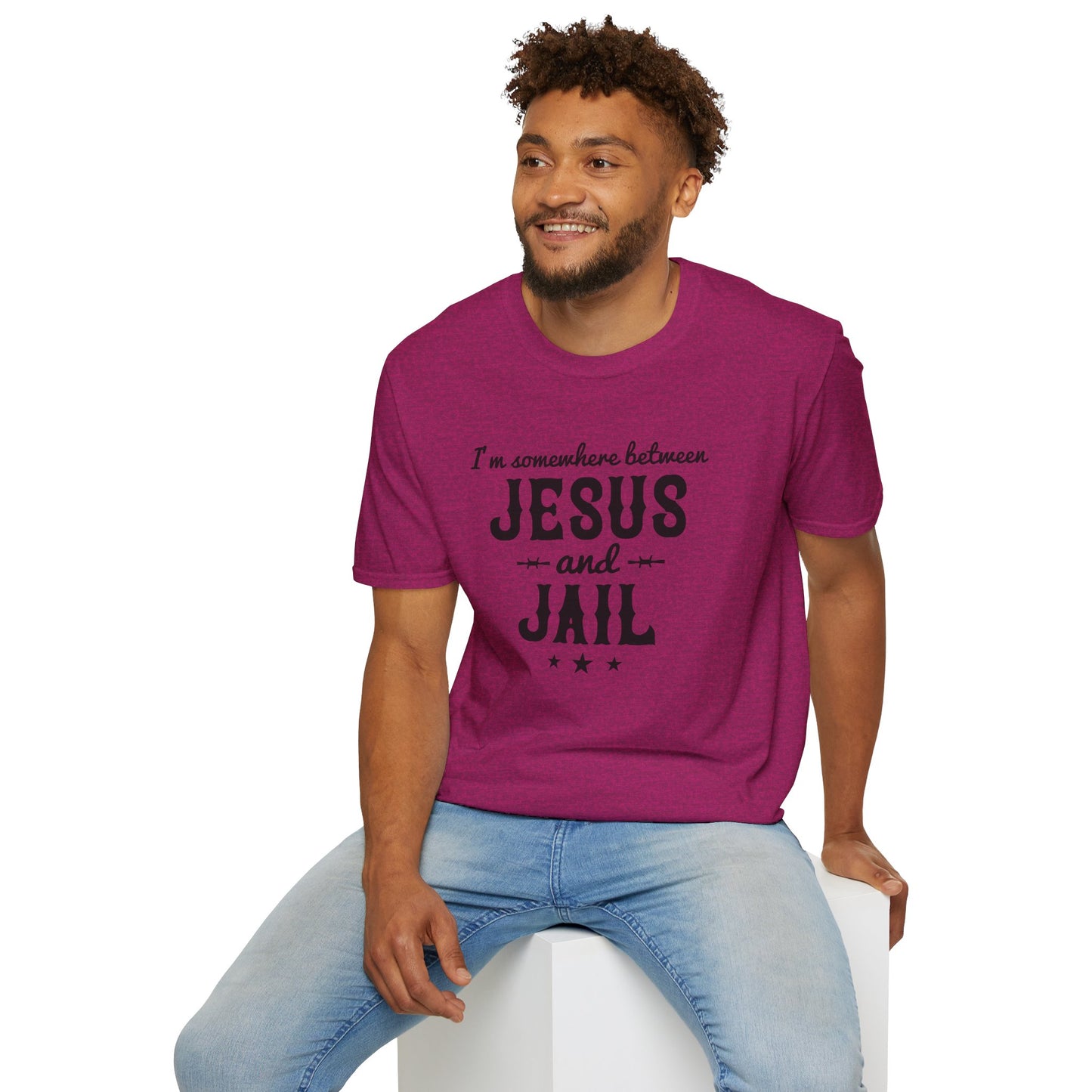 I'm Somewhere Between Jesus And Jail Funny Unisex Christian T-shirt