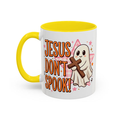 Accent Coffee Mug — "Jesus Don't Spook!" Cute Ghost Christian Coffee Mug (11/15oz)