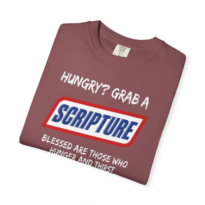Scripture Snack T-Shirt — "Hungry? Grab a Scripture" Matthew 5:6 Christian Tee