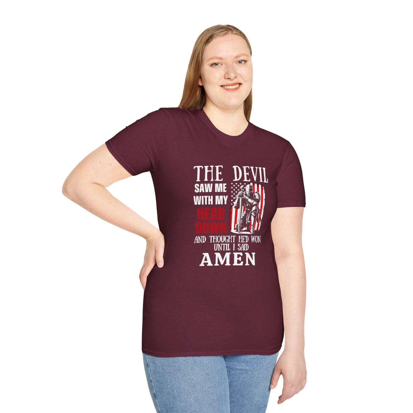 The Devil Saw Me With My Head Down And Thought He'd Won Until I Said Amen American Patriotic Flag Unisex Christian T-shirt