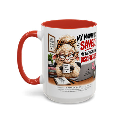 Saved & Sassy Sheep Coffee Mug — "My Mouth Is Saved, My Face Is Still In Discipleship" Accent Mug