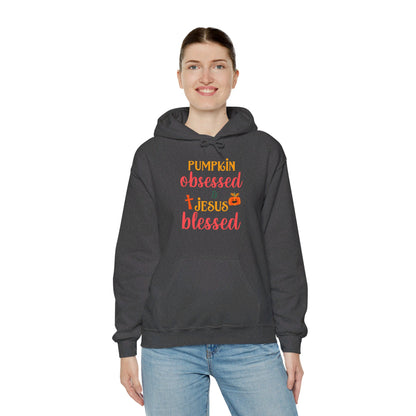 Pumpkin Obsessed And Blessed by Him Halloween Unisex Christian Pullover Hooded Sweatshirt