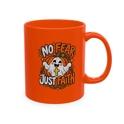 Halloween Ghost Christian Ceramic Mug — "No Fear, Just Faith" Pumpkin Coffee Cup