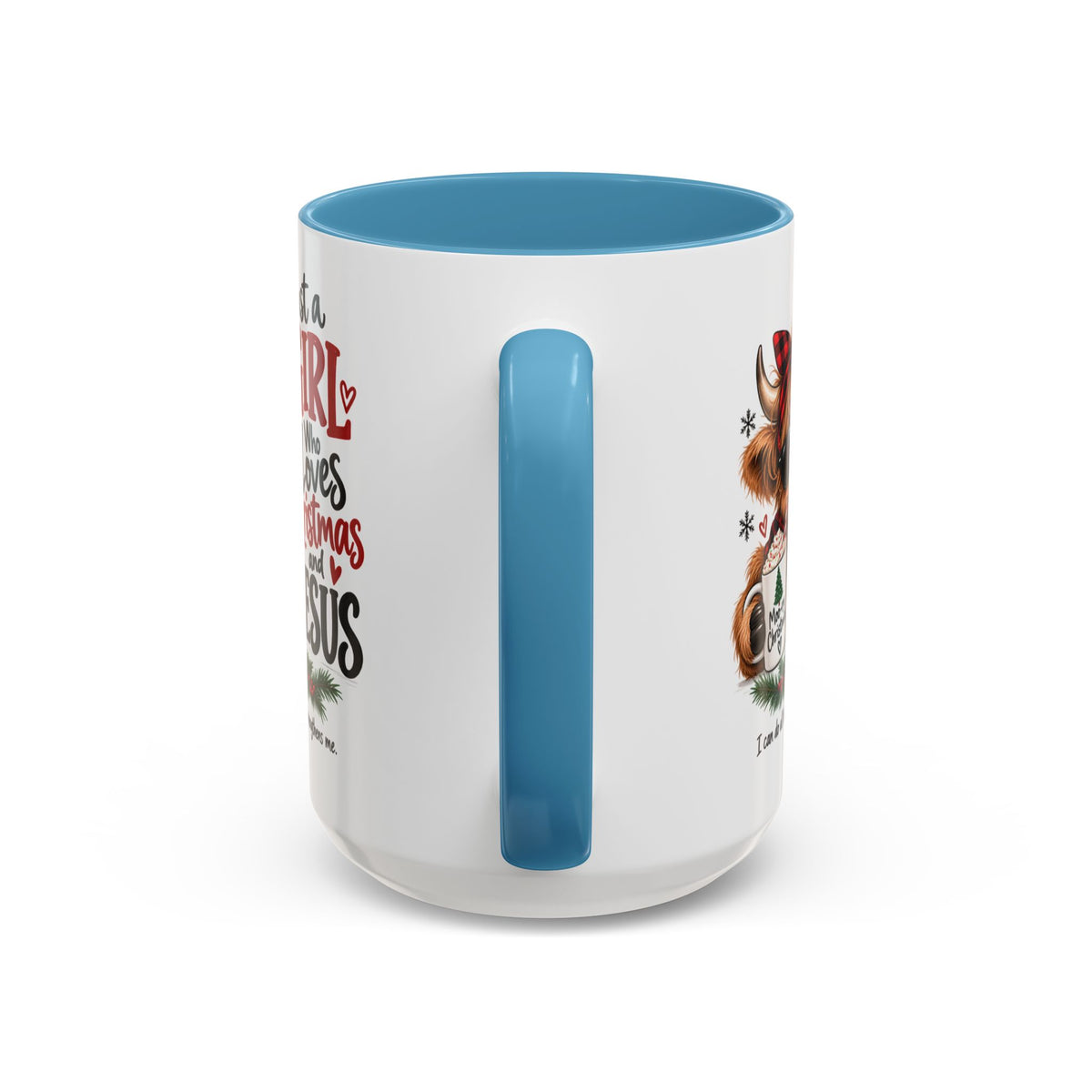 Just a Girl Who Loves Christmas and Jesus Highland Cow Coffee Mug