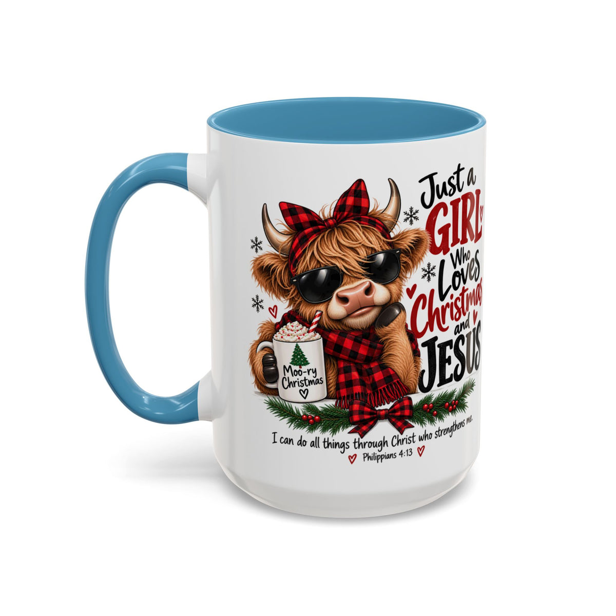Just a Girl Who Loves Christmas and Jesus Highland Cow Coffee Mug
