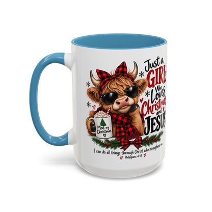 Just a Girl Who Loves Christmas and Jesus Highland Cow Coffee Mug