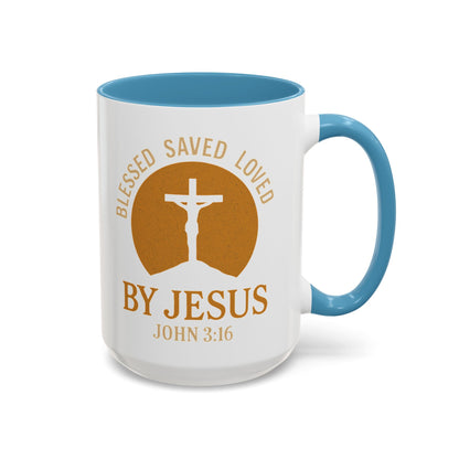 Inspirational Accent Coffee Mug - Blessed, Saved, Loved by Him | John 3:16